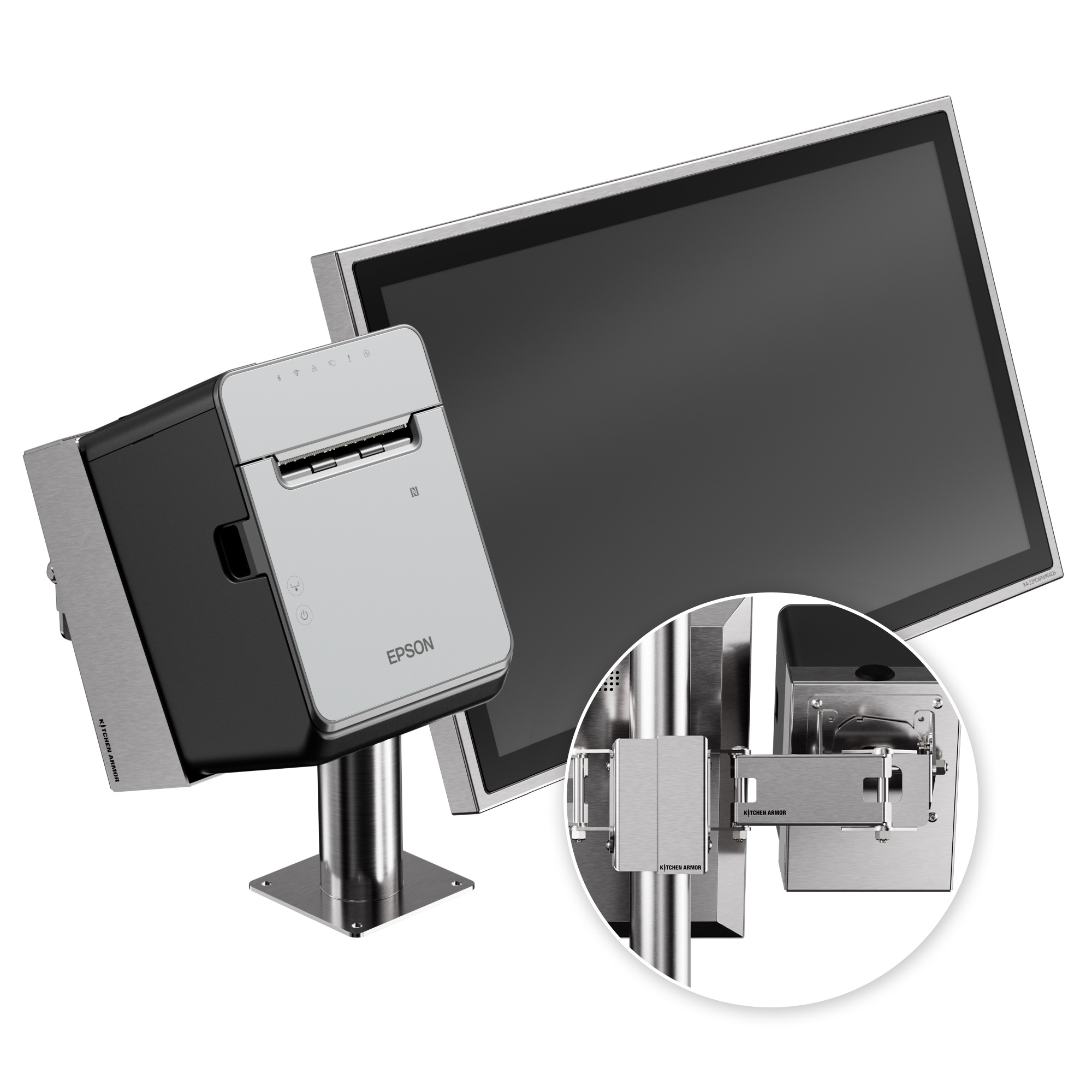 Pole-mounted display and Epson printer with inset mounting detail.