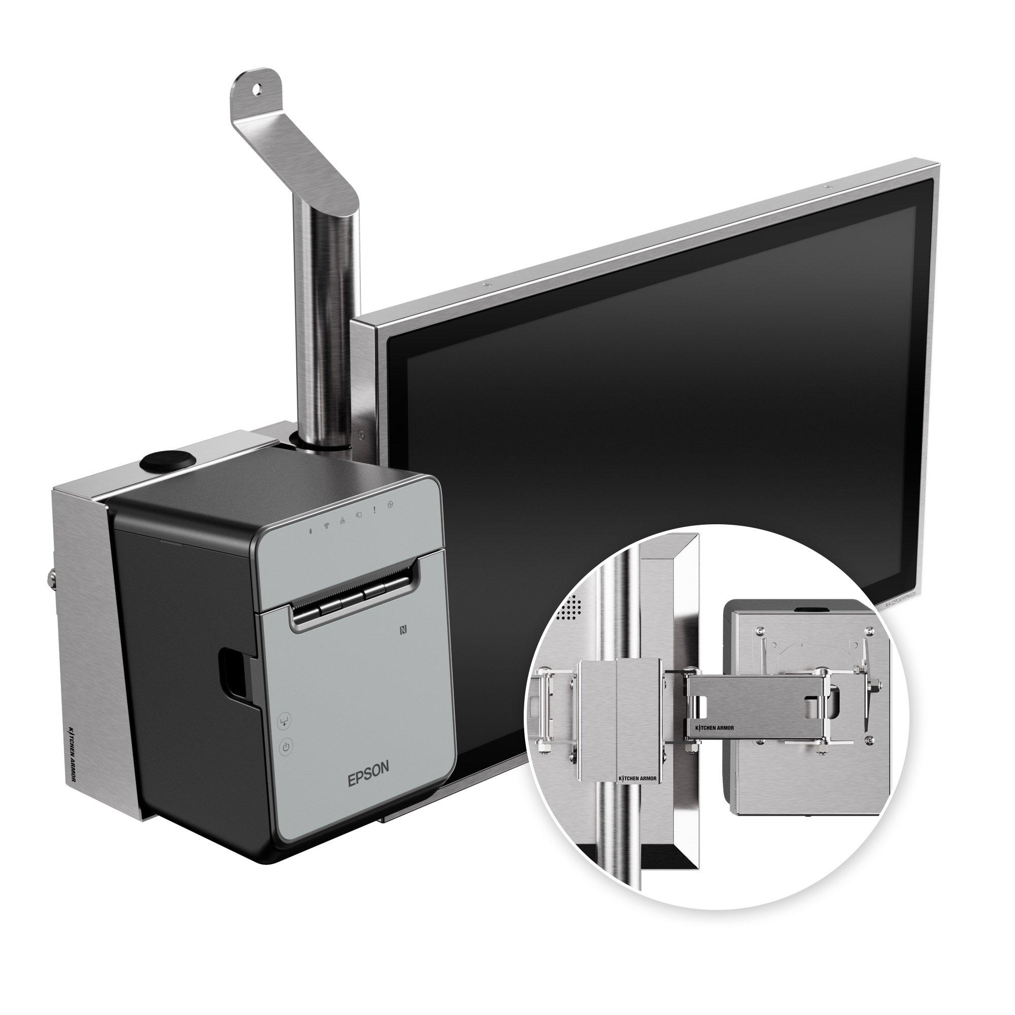 Pole-mounted display and Epson printer with inset mounting detail.